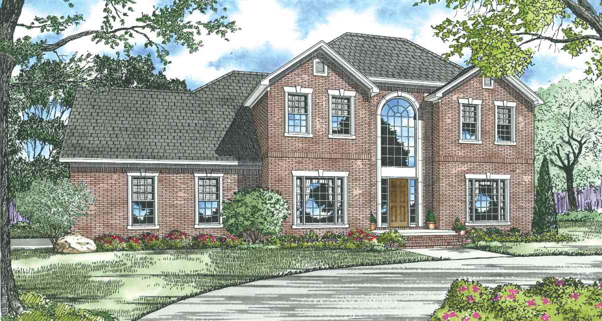 House plan exterior of a two-story brick home with a prominent arched window, symmetrical gables, and hip roof.