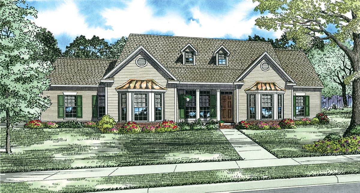 House plan exterior: Traditional one-story home with a gabled front, dormers, bay windows, and a covered front porch.