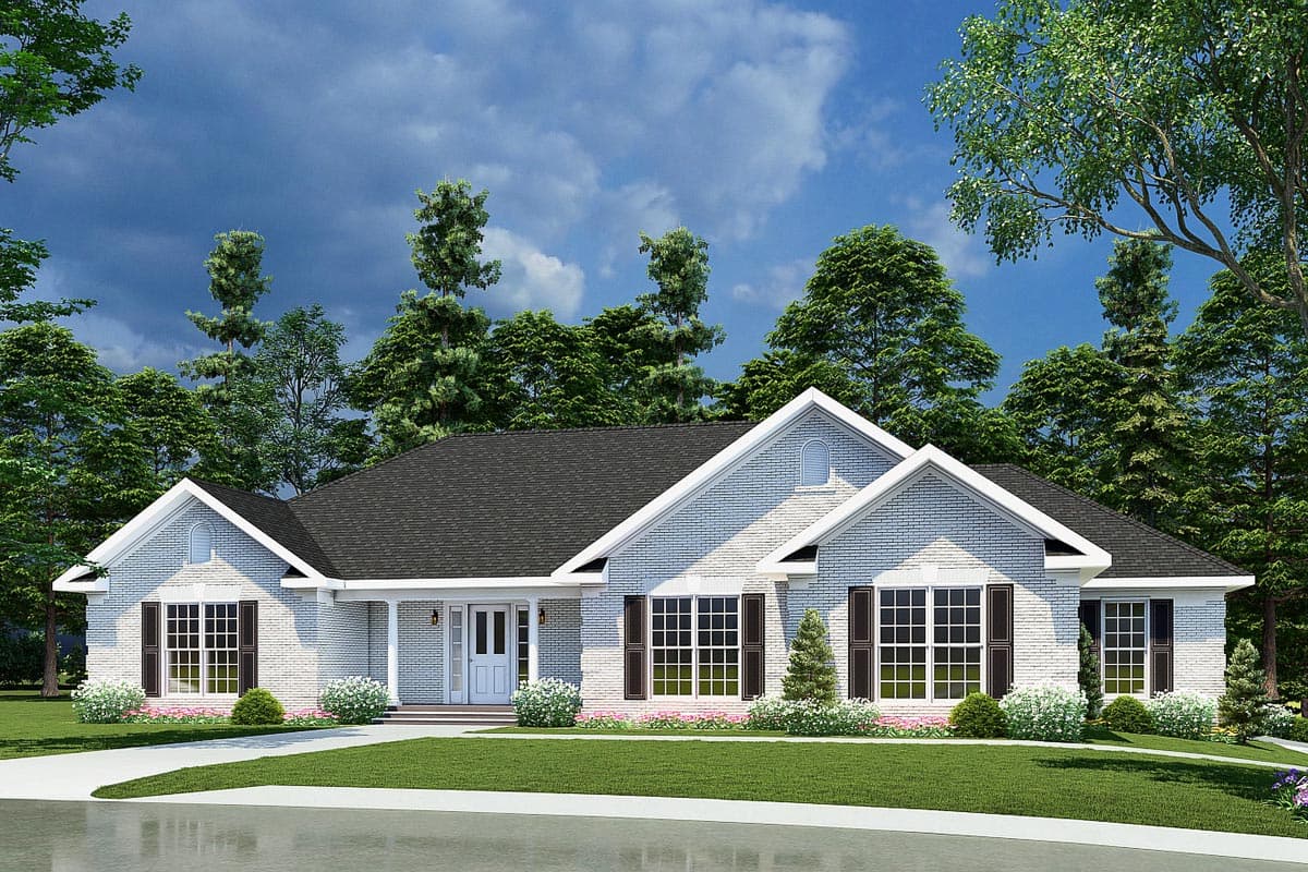 House plan exterior. Ranch style, one-story home with gabled roof, shutters, and covered porch with columns.