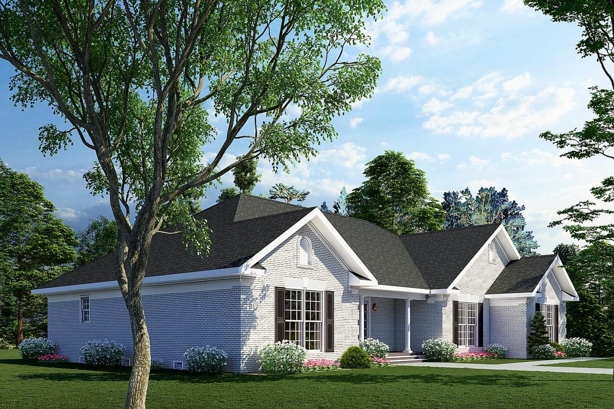 House plan exterior of a one-story brick home with gables, a covered porch, and a multi-pitched roof.