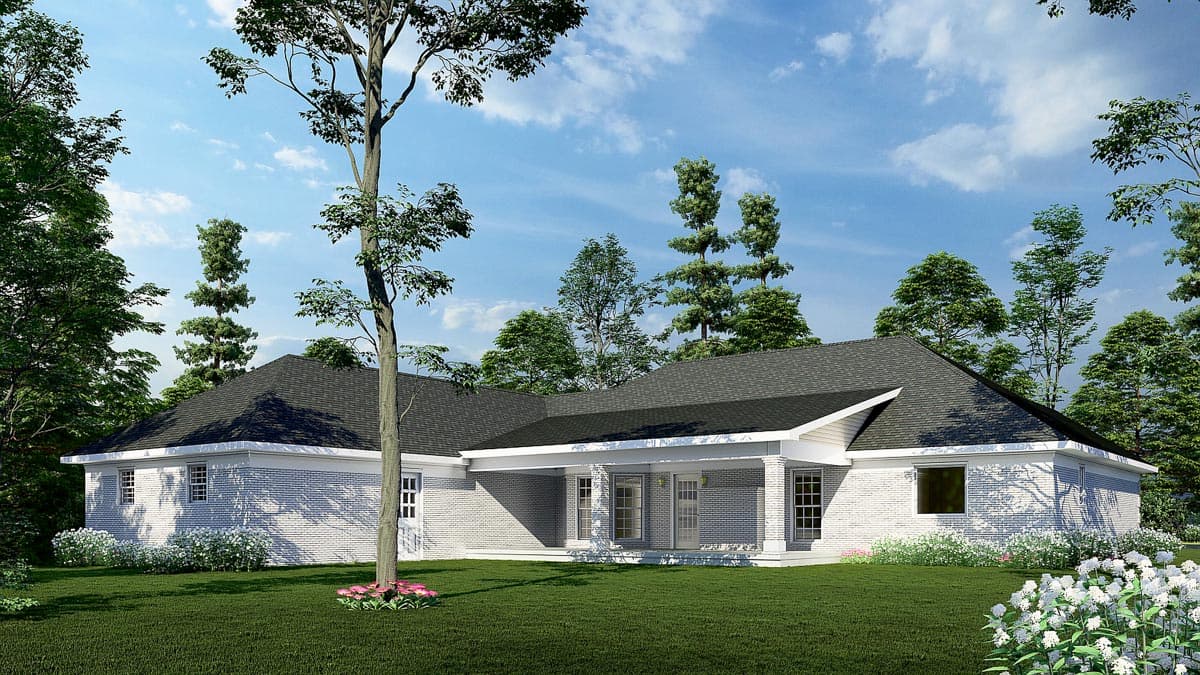 House plan exterior: one-story Modern Farmhouse with white brick, covered porch, and gable rooflines.