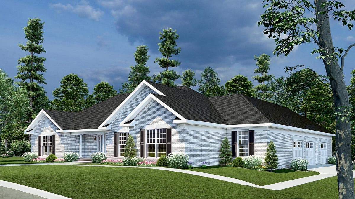 House plan exterior: one-story Modern Farmhouse with white brick, gabled rooflines, covered entry porch, and three-car side-entry garage.