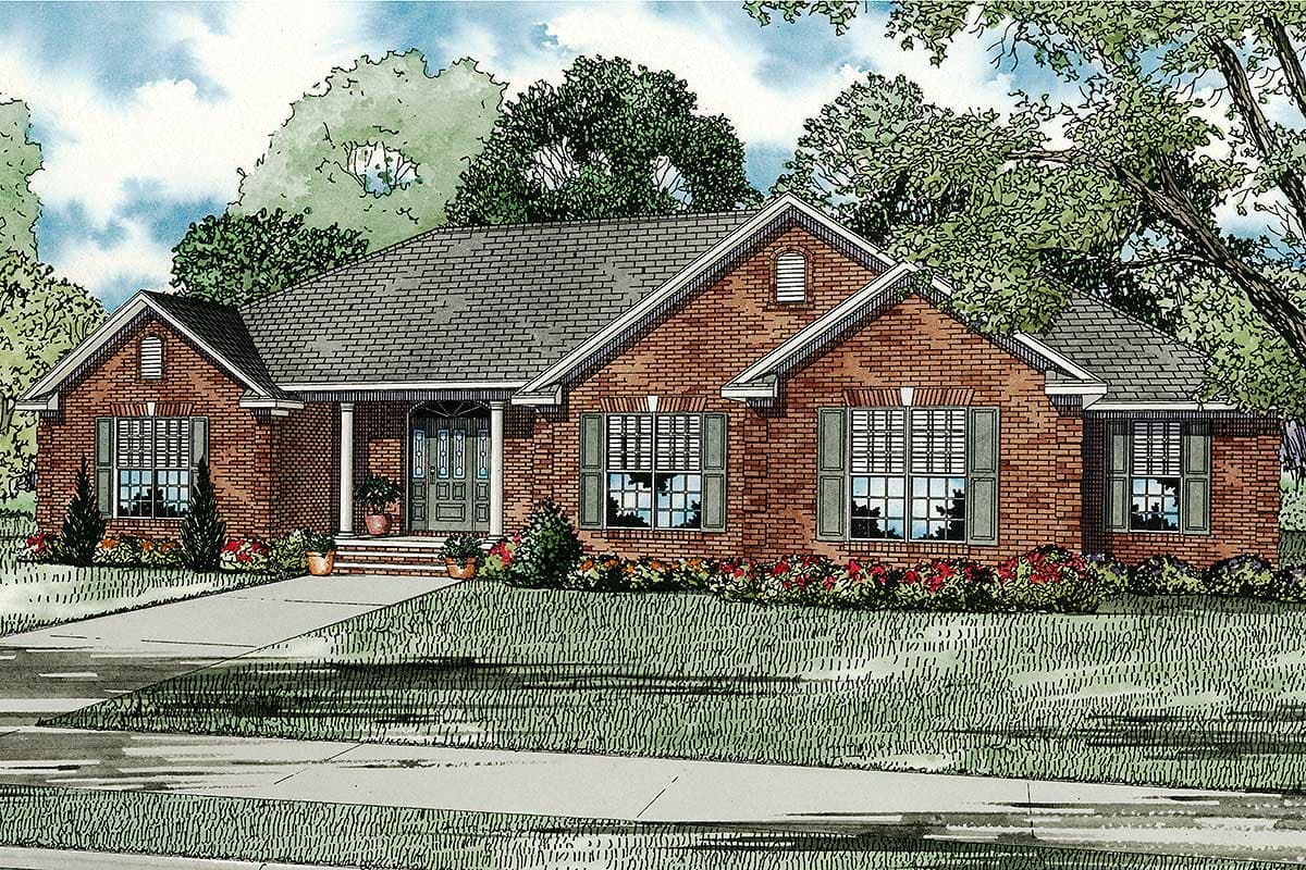 House plan exterior: one-story brick home with a covered entry porch, gables, and multi-pane windows.