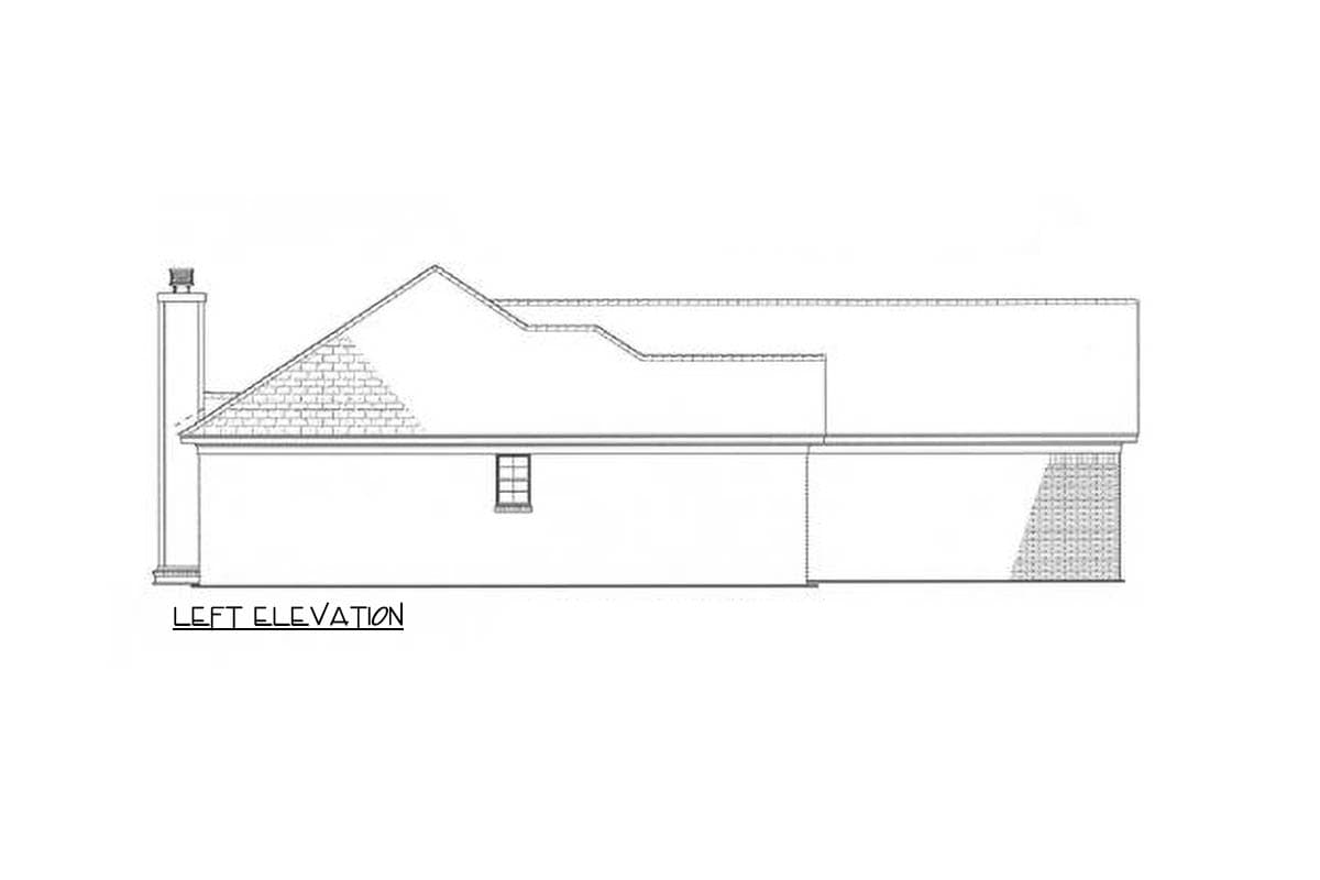 Left elevation drawing of a house plan, showing a brick base, a single window, and a prominent chimney.