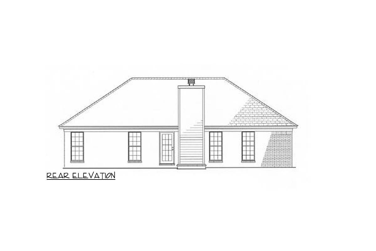 Rear elevation drawing of a one-story house with a hipped roof, central chimney, and five windows.