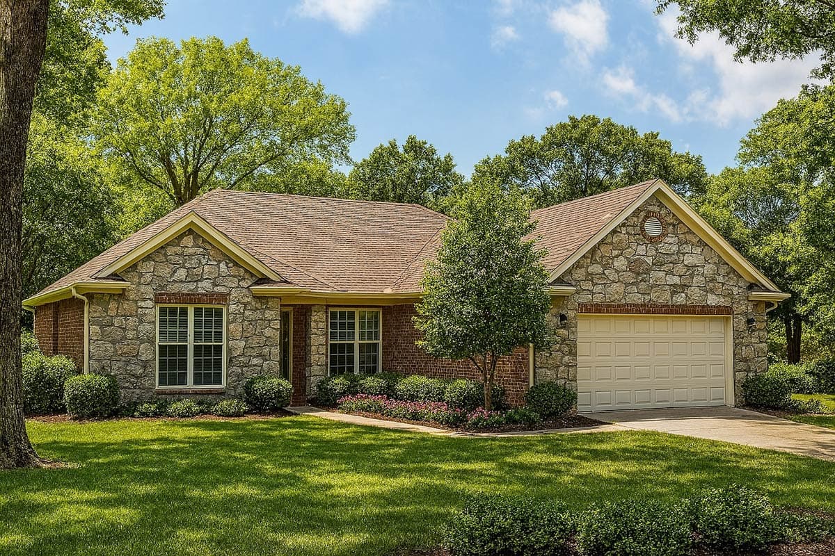 House plan exterior: single-story home with stone and brick facade, gable dormer, and attached garage.