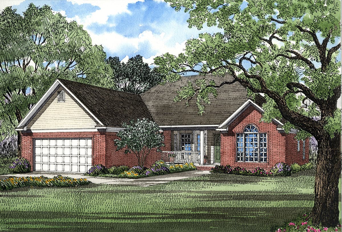 House plan exterior: Brick ranch with attached garage, front porch, and arched window.