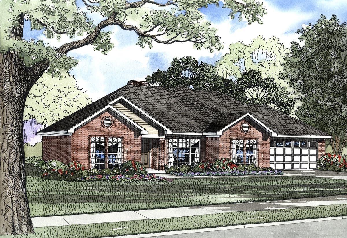 House plan exterior of a one-story brick home with a gable roof, large bay windows, and an attached two-car garage.