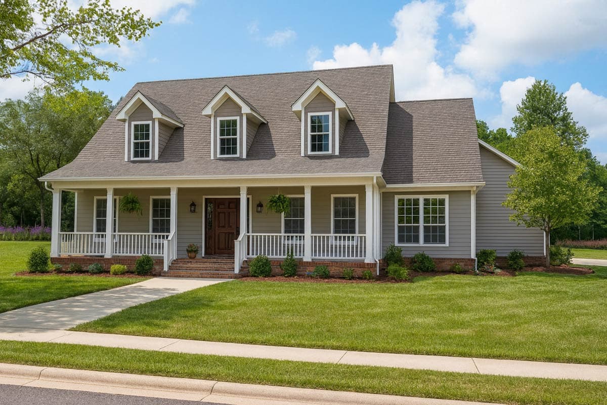 House plan exterior. Two-story Colonial with a front porch, three dormers, and a gabled roofline. Features include a brick foundation.