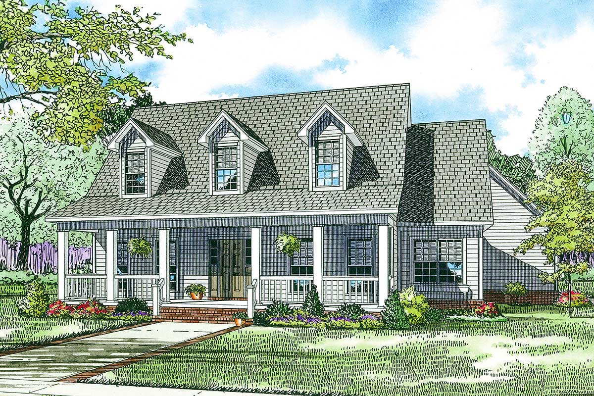 House plan exterior: Two-story Modern Farmhouse with a full front porch, dormers and gables.