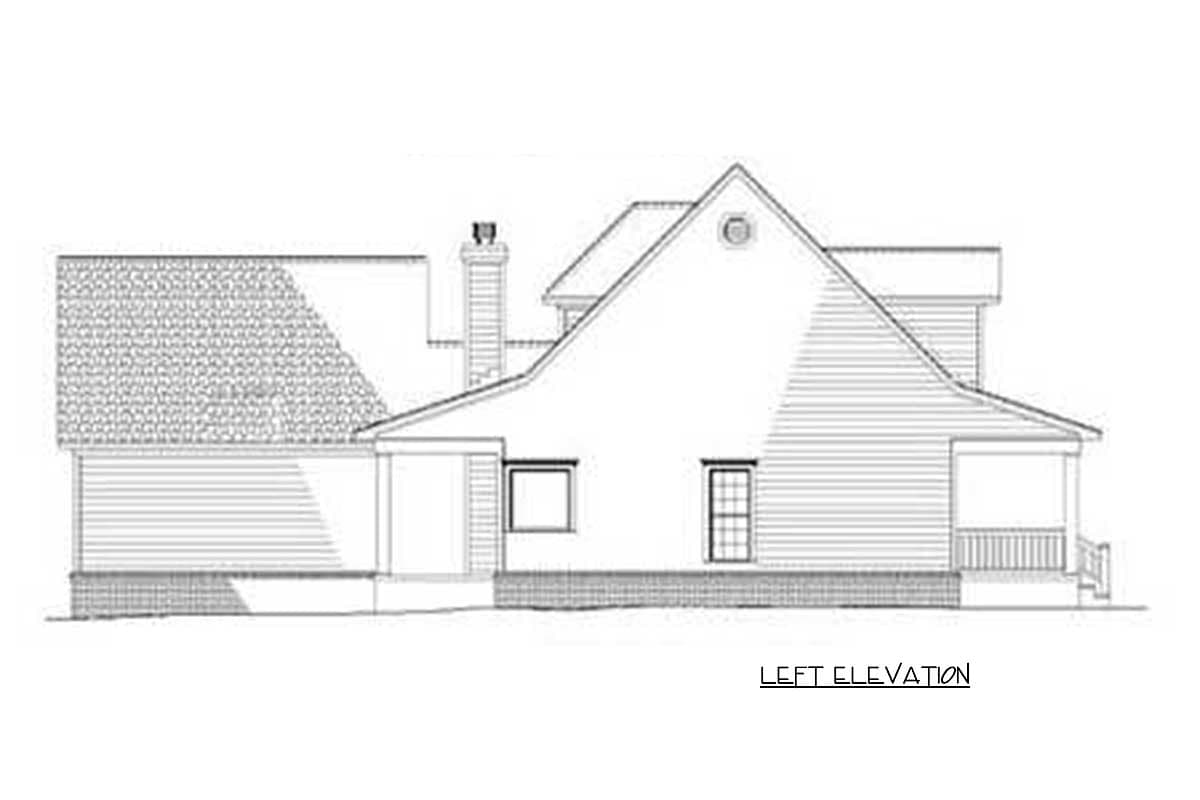 Left elevation house plan drawing showing a multi-story structure with a prominent gable, dormer, chimney, and covered porch.