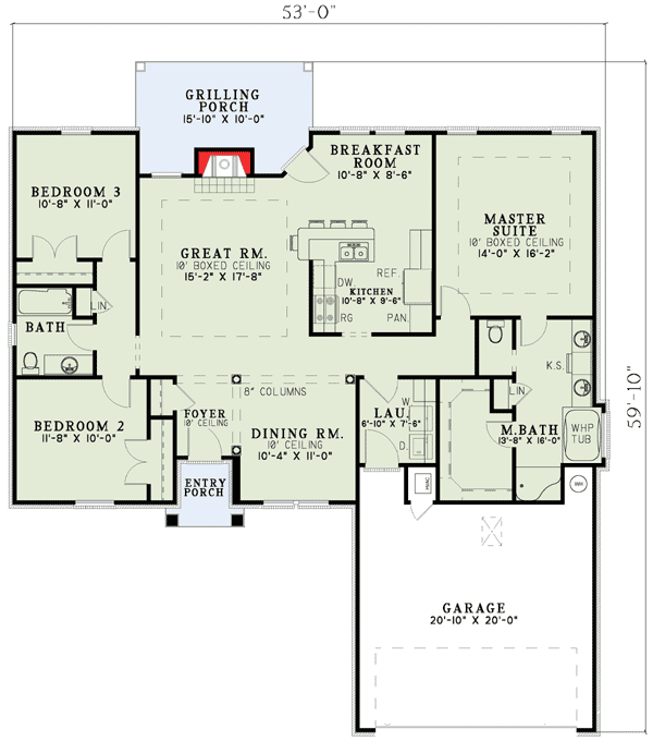 Plan 59409ND: Three Bedroom Beauty - Floor Plan - Main Level - Ranch, Southern, Traditional
