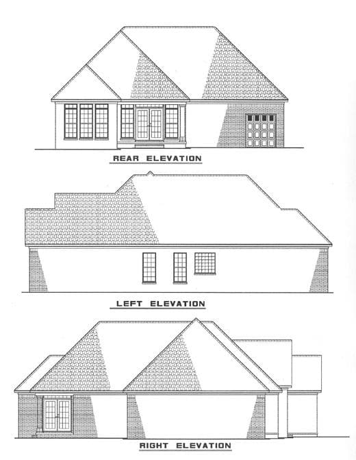 Rear, left, and right elevations of a house plan showing a brick exterior, gable rooflines, multiple windows, French doors, and a two-car garage.