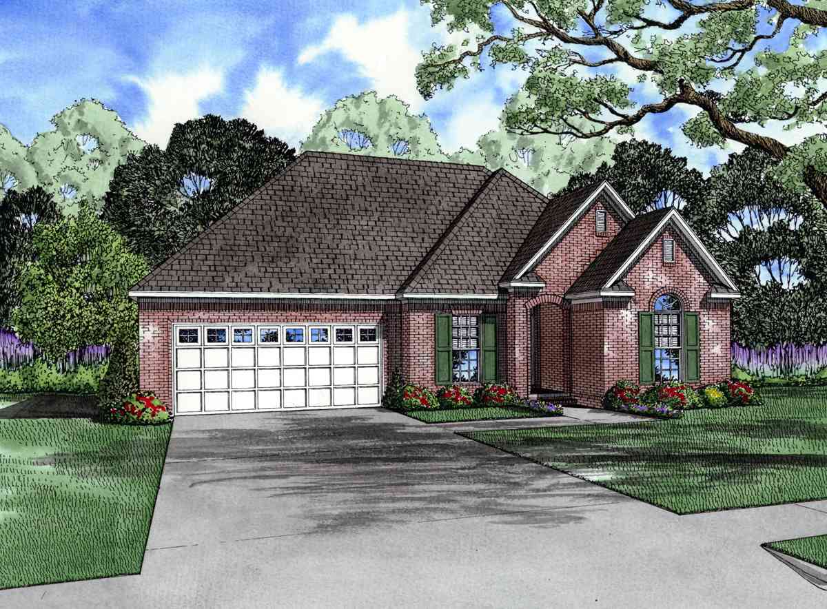 House plan exterior: One-story brick home with side-entry garage, prominent gables, and arched window detail.