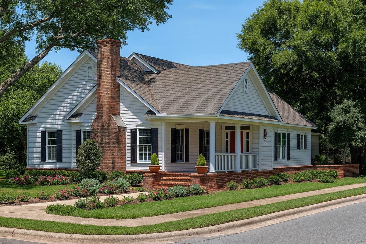 House plan exterior: Single-story home with a brick chimney, wraparound porch, gabled dormers, and white siding.