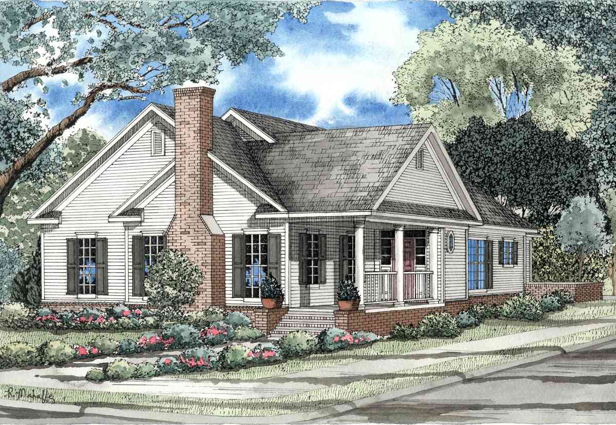 House plan exterior: One-story Modern Farmhouse with brick base, gabled dormer, prominent chimney, and covered front porch with columns.