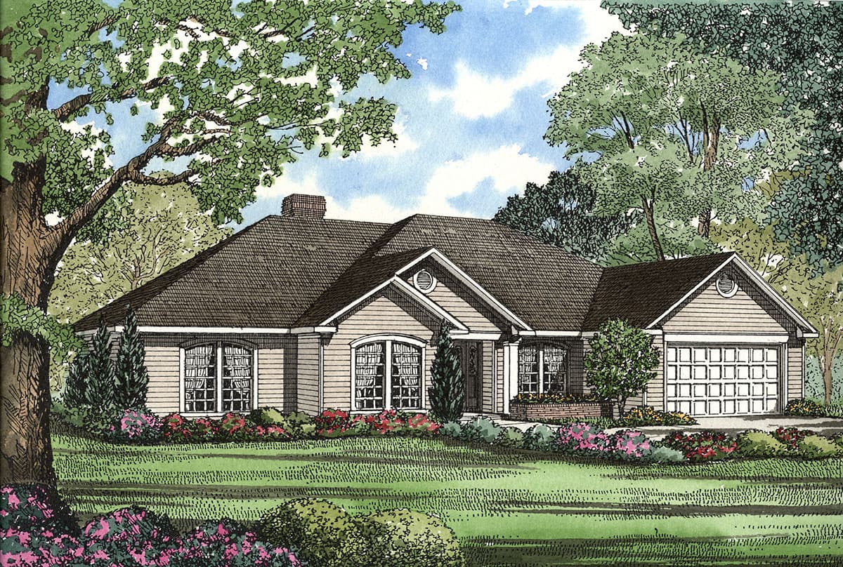 Ranch house plan exterior with a gable dormer, arched windows, and a two-car side-entry garage.