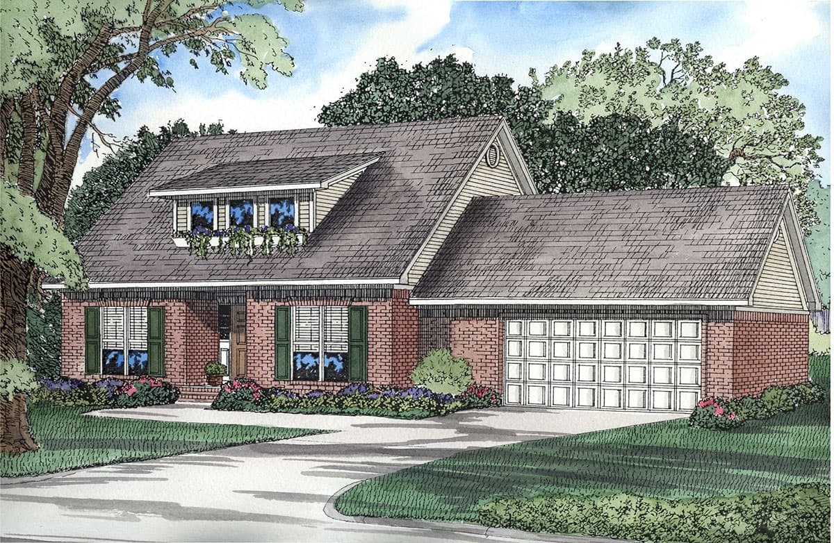 House plan exterior, one-story brick home with dormer, gabled roof, and attached two-car garage.