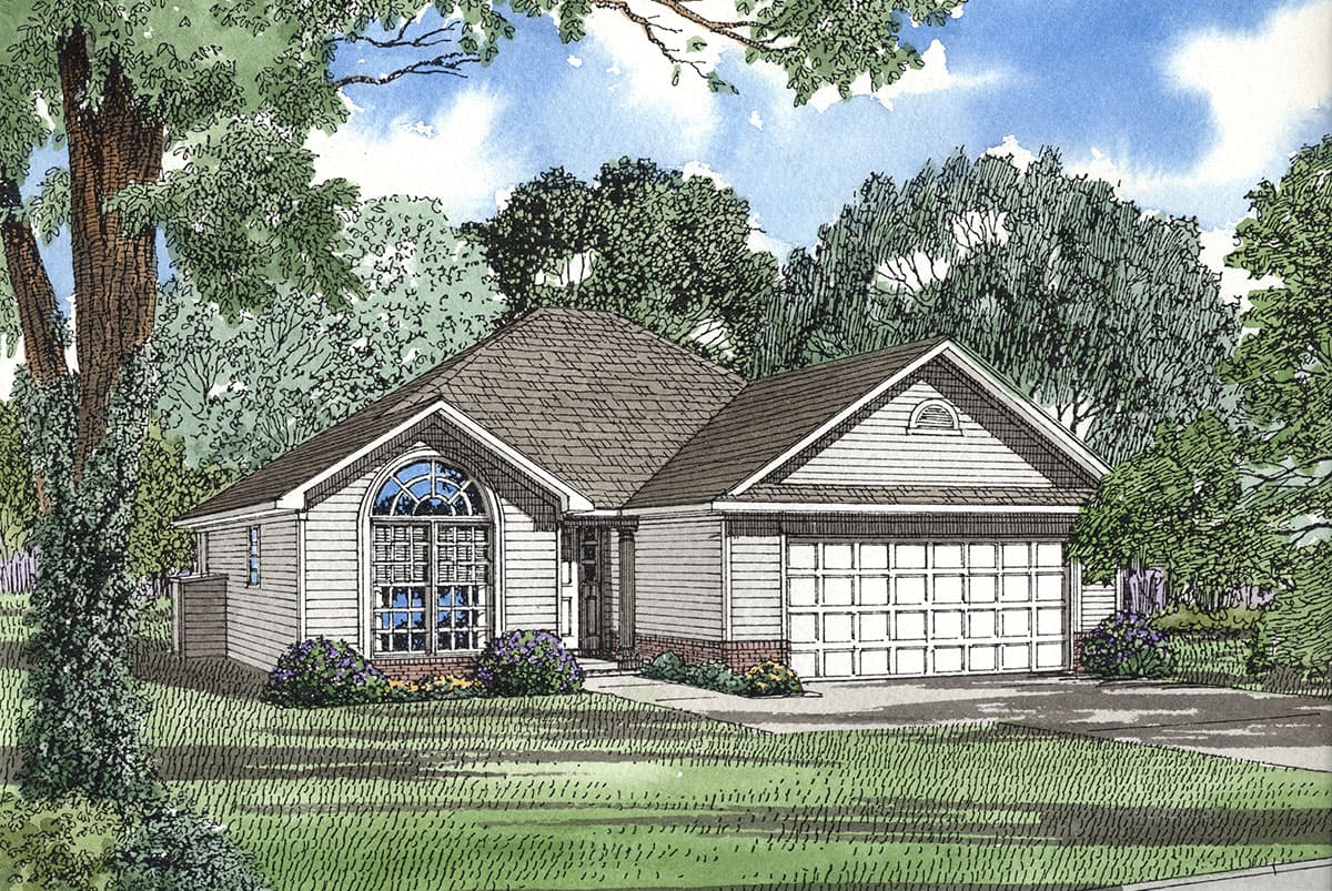 House plan exterior: Ranch-style home with arched window, gable dormer, and attached two-car garage.
