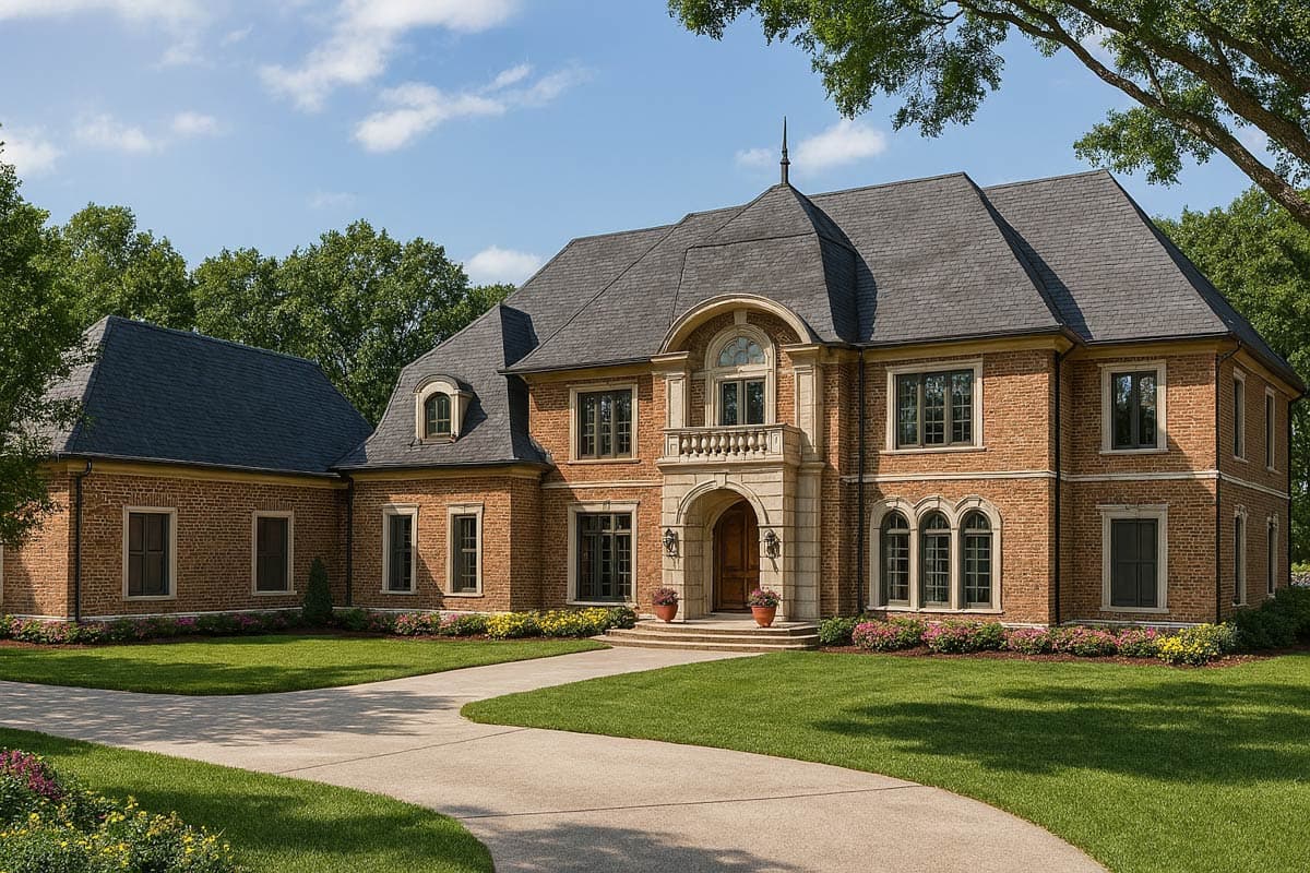 House plan exterior with brick facade, mansard roof, arched entryway with balcony, and dormer windows.