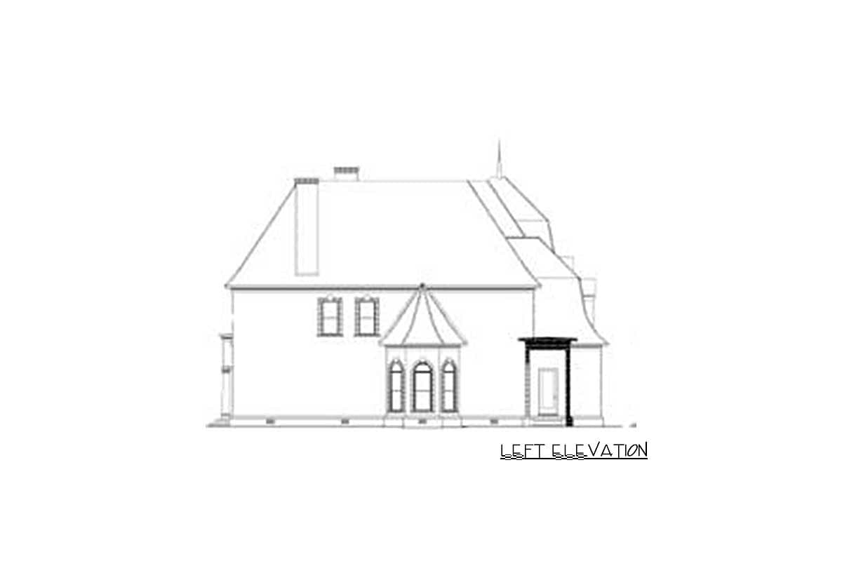 Left elevation drawing of a house plan showing a prominent roofline, dormer windows, and an arched bay window.