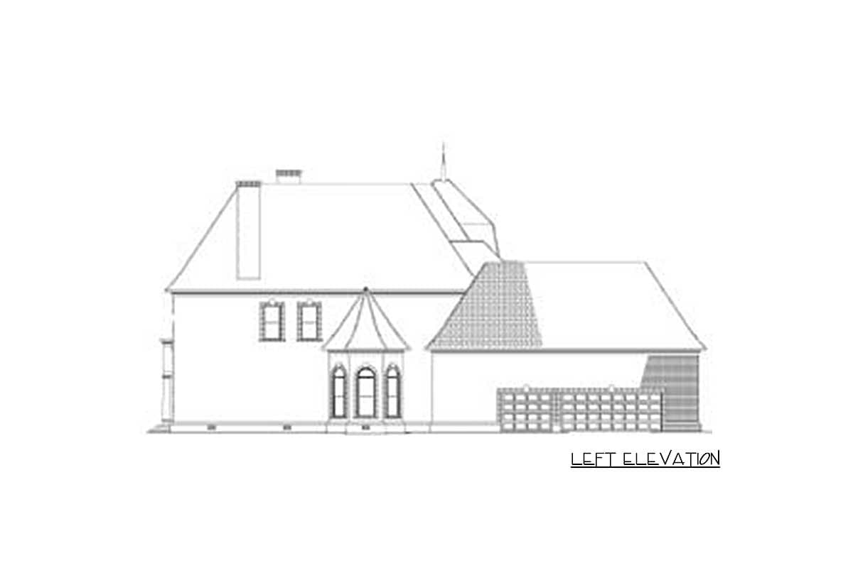 House plan left elevation with gables, dormers, bay window, and a prominent roofline.