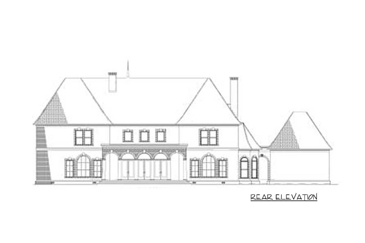 Rear elevation house plan shows a multi-story home with gables, arched windows, and a covered loggia with arched openings.
