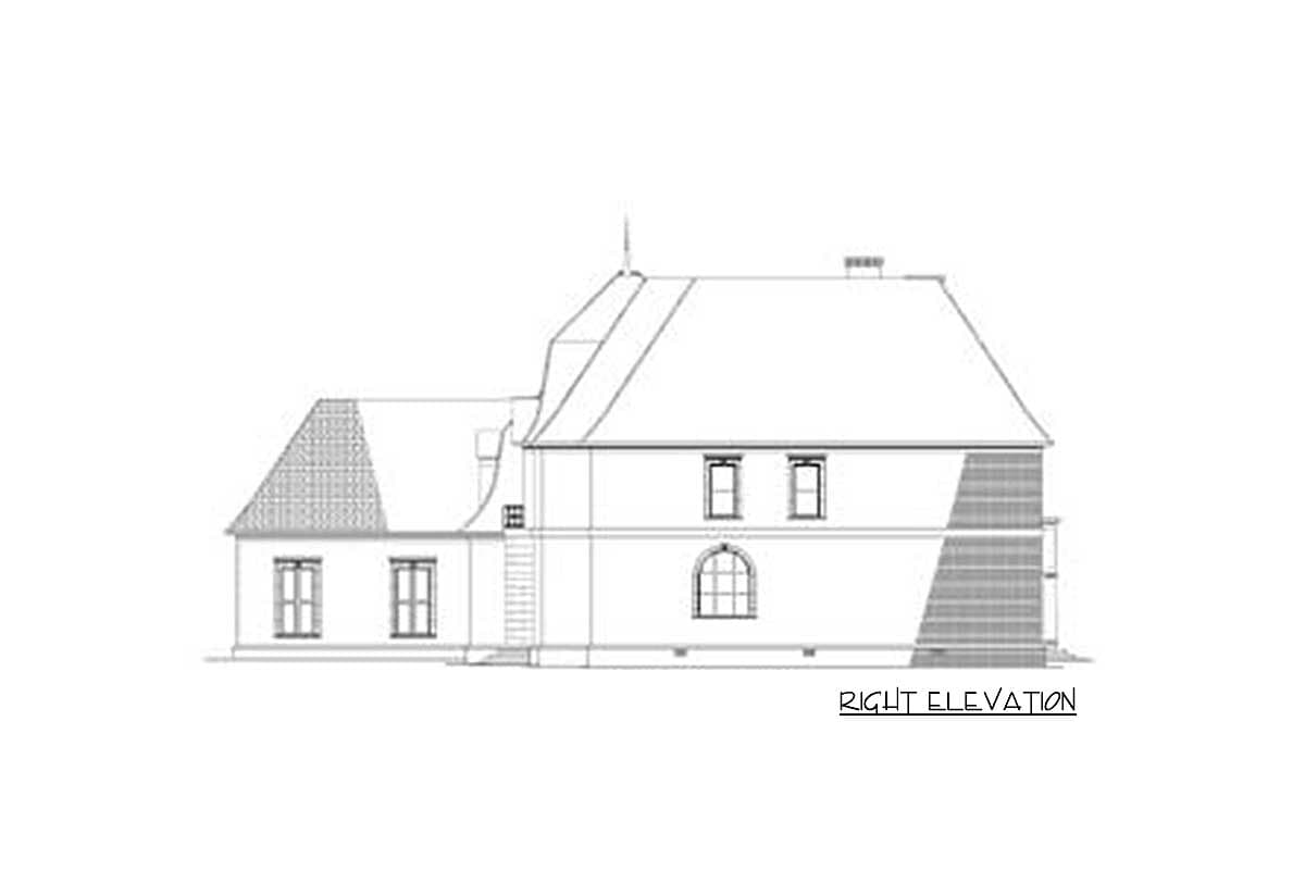 Floor plan drawing, right elevation of house with hipped roof, gabled dormer, and arched window.