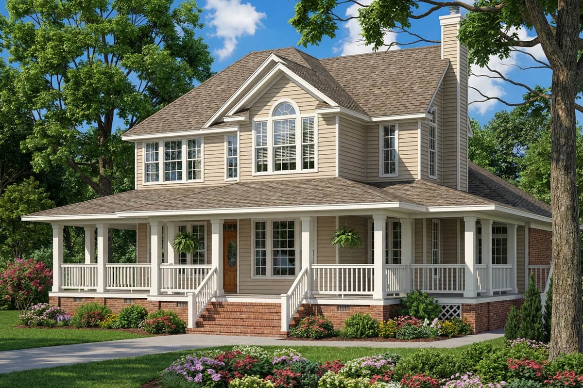 Two-story house plan exterior with a wraparound porch, arched dormer window, and prominent chimney.