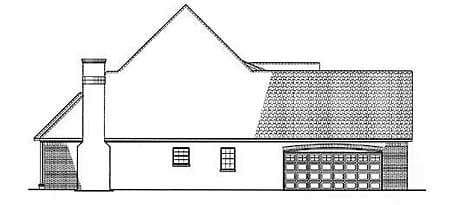 Side elevation house plan showing a prominent chimney, multiple gables, and a two-car garage with a paneled door.