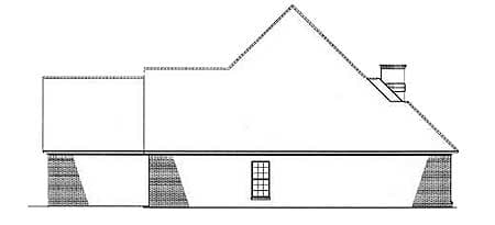 Side elevation drawing of a two-story house plan with a prominent gable roof, chimney, and brick foundation.