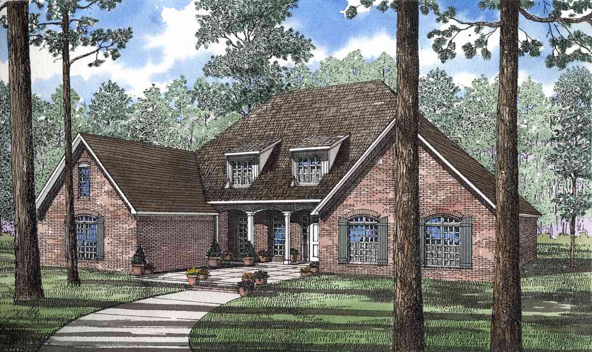House plan exterior rendering with brick facade, arched windows, dormers, and a covered portico with columns.