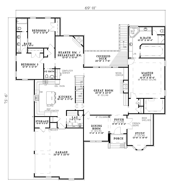 Plan 59427ND: Brick Split Bedroom House Plan - Floor Plan - Main Level - Traditional