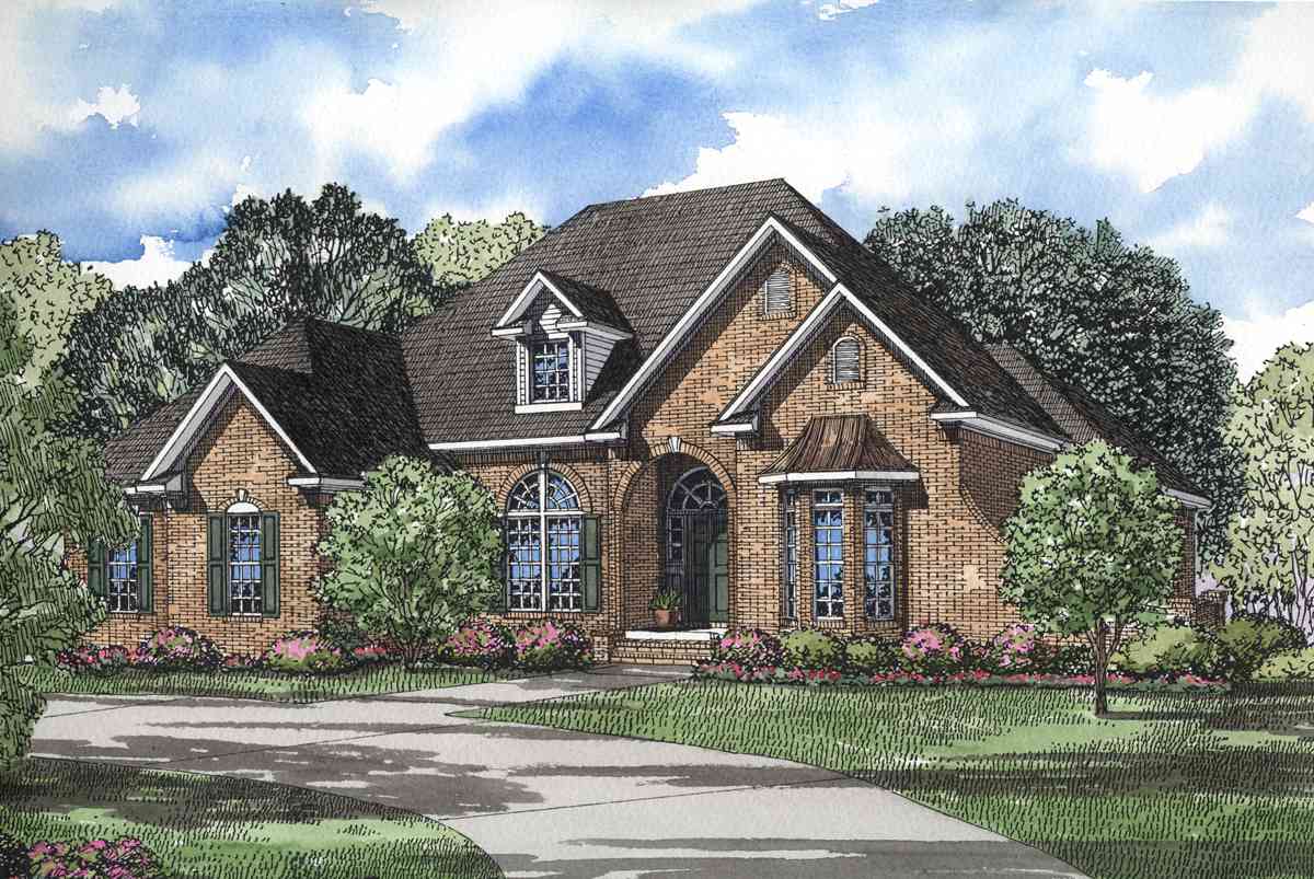House plan exterior: Brick home with arched entryway, dormers, bay window, and multiple gables.