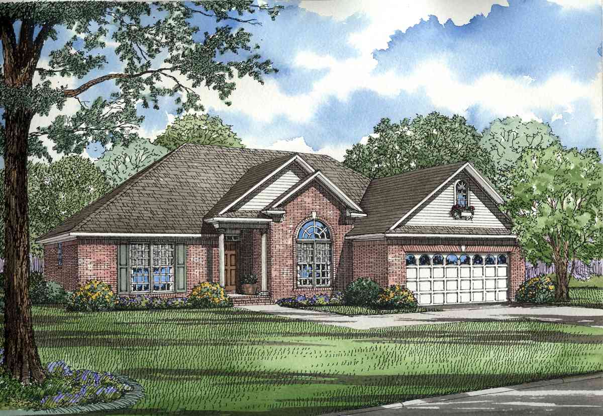 House plan exterior of a one-story brick home with a covered entryway, arched window, and attached garage with multiple garage doors.
