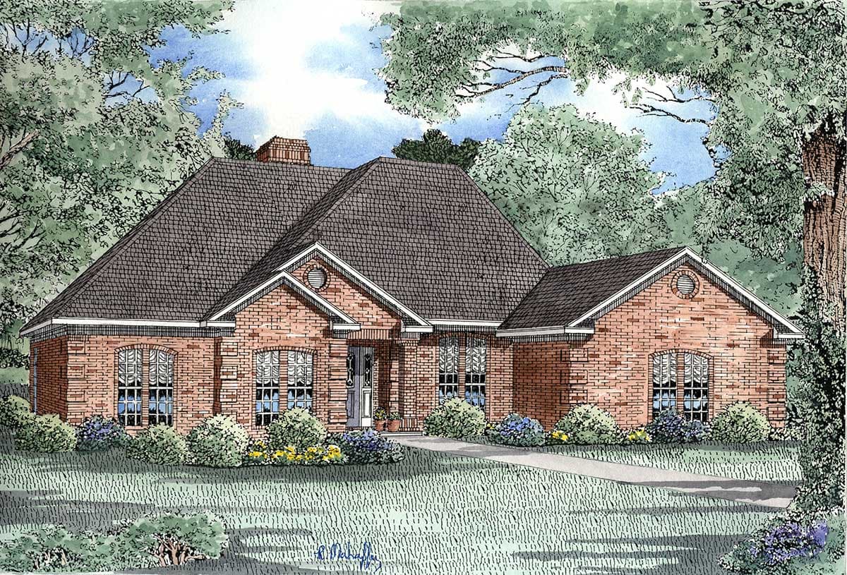 House plan exterior: Brick one-story home with a prominent gable, arched windows, and a detached garage.
