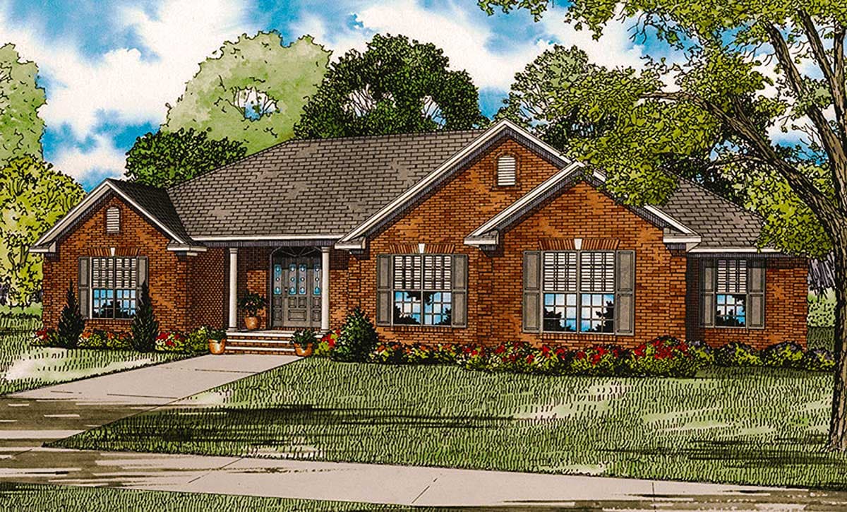 House plan exterior. One-story brick house with gabled roof, shuttered windows, and a covered front porch with columns.