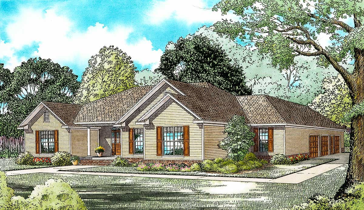 House plan exterior: Ranch style, one story, prominent gables, covered entry porch, and a three-car garage.