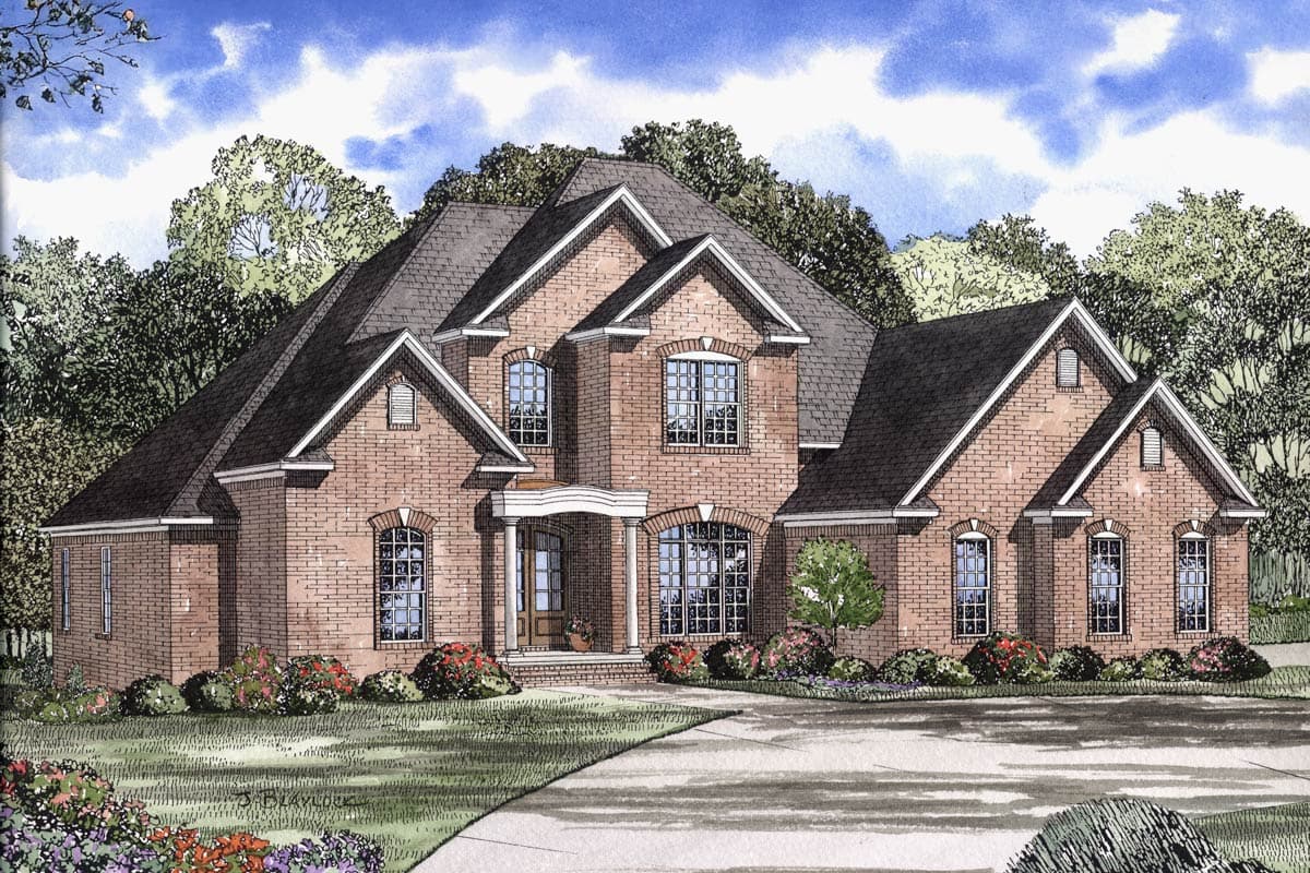 House plan exterior: Two-story brick home with arched windows, multiple gables, and a covered entrance.