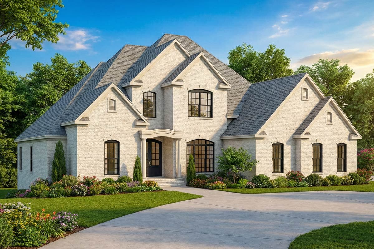 A two-story white brick house with a gray roof and black-framed windows is surrounded by a well-manicured lawn and landscaping.