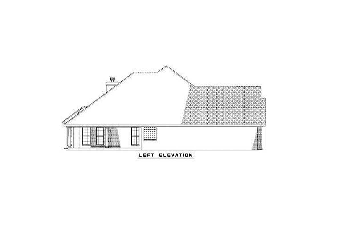 Left elevation drawing of a one-story house plan with a gabled roof, dormers, and a covered porch.