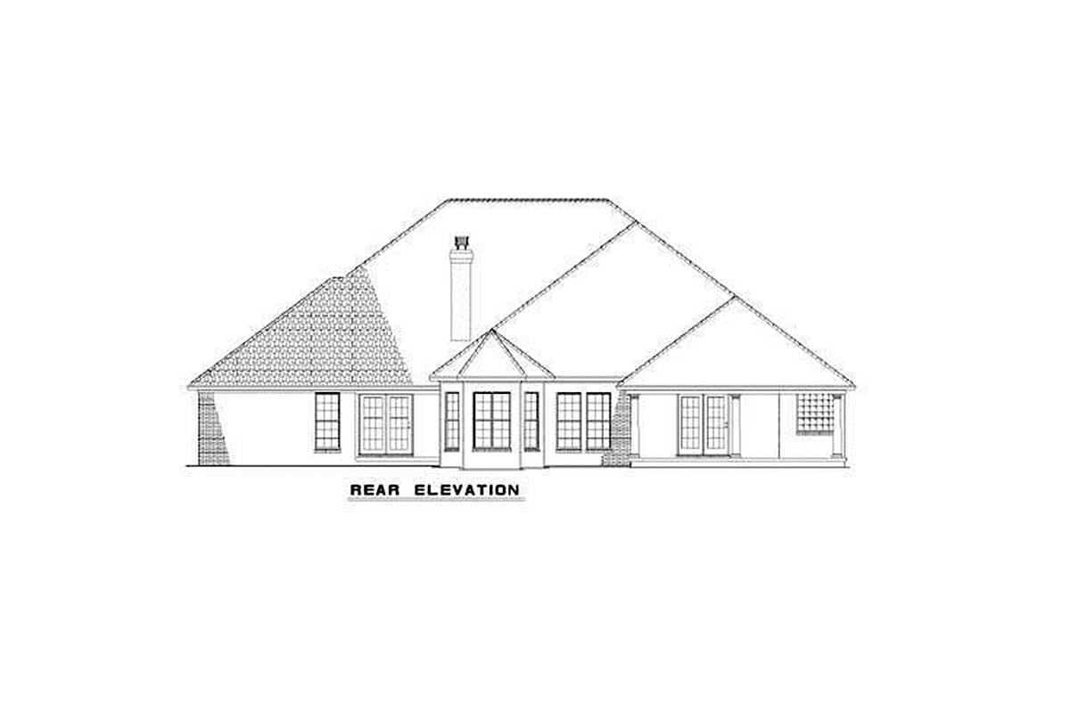 Rear elevation house plan with a hipped roof, dormer, chimney, and multiple French doors.