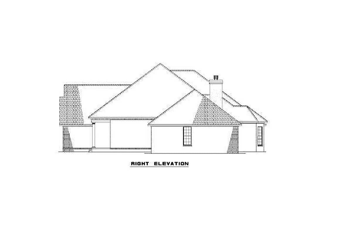 Right elevation drawing of a house plan showing gabled rooflines, chimney, and textured facade.