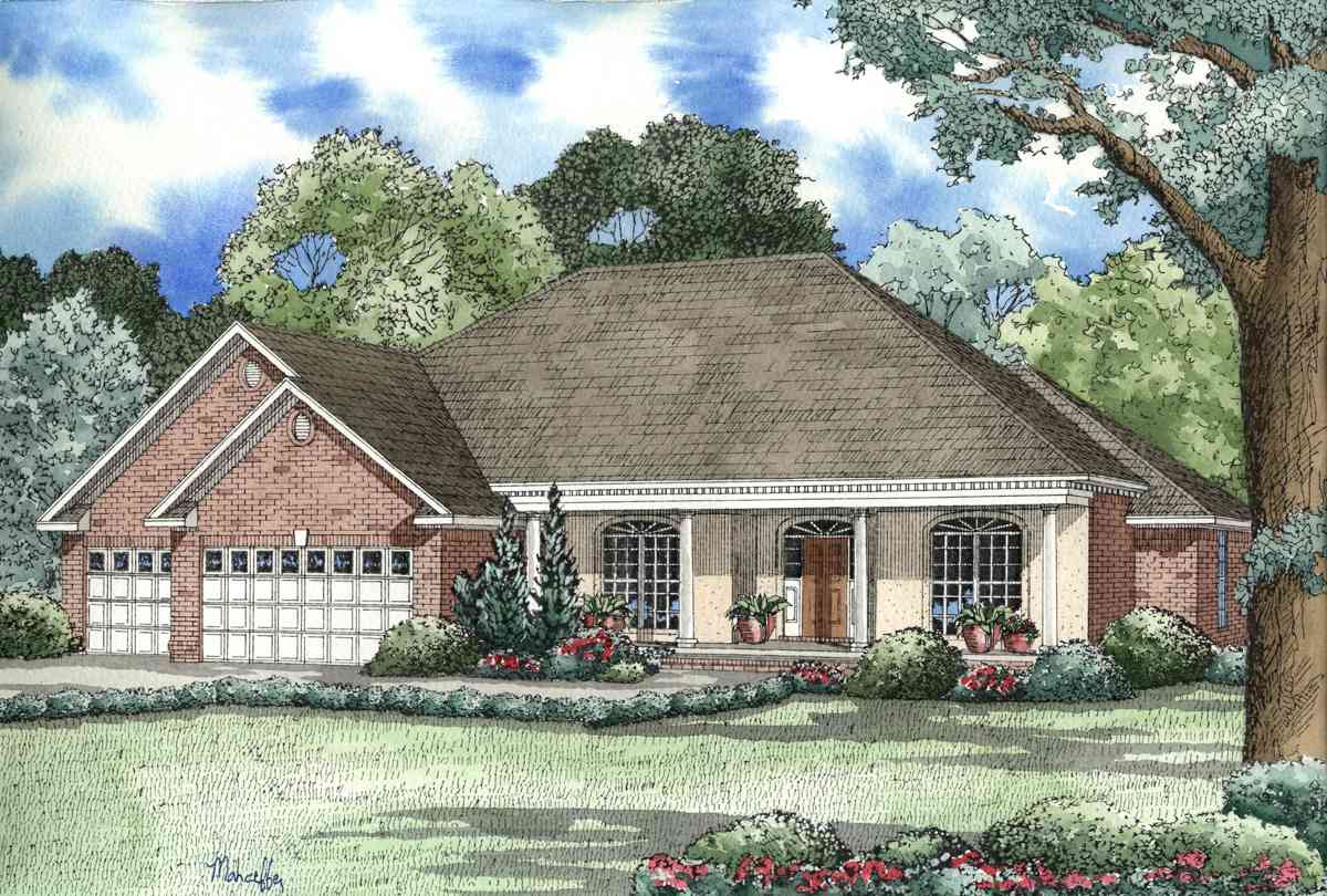 House plan exterior: One-story brick home with a prominent gable, three-car garage, covered entry with columns, and arched windows.
