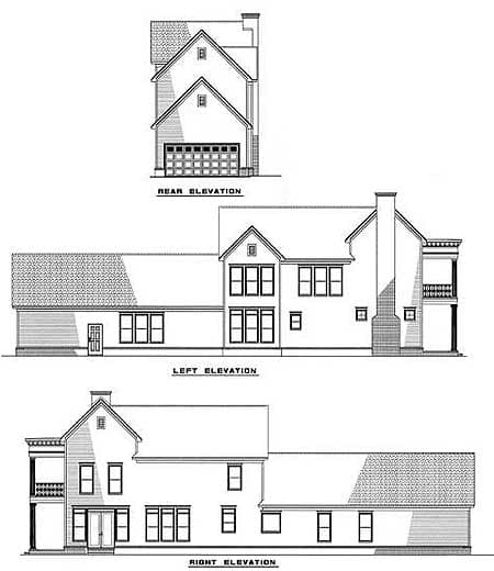 Rear, left, and right elevation drawings of a multi-story house plan with a garage, prominent gables, and a balcony.