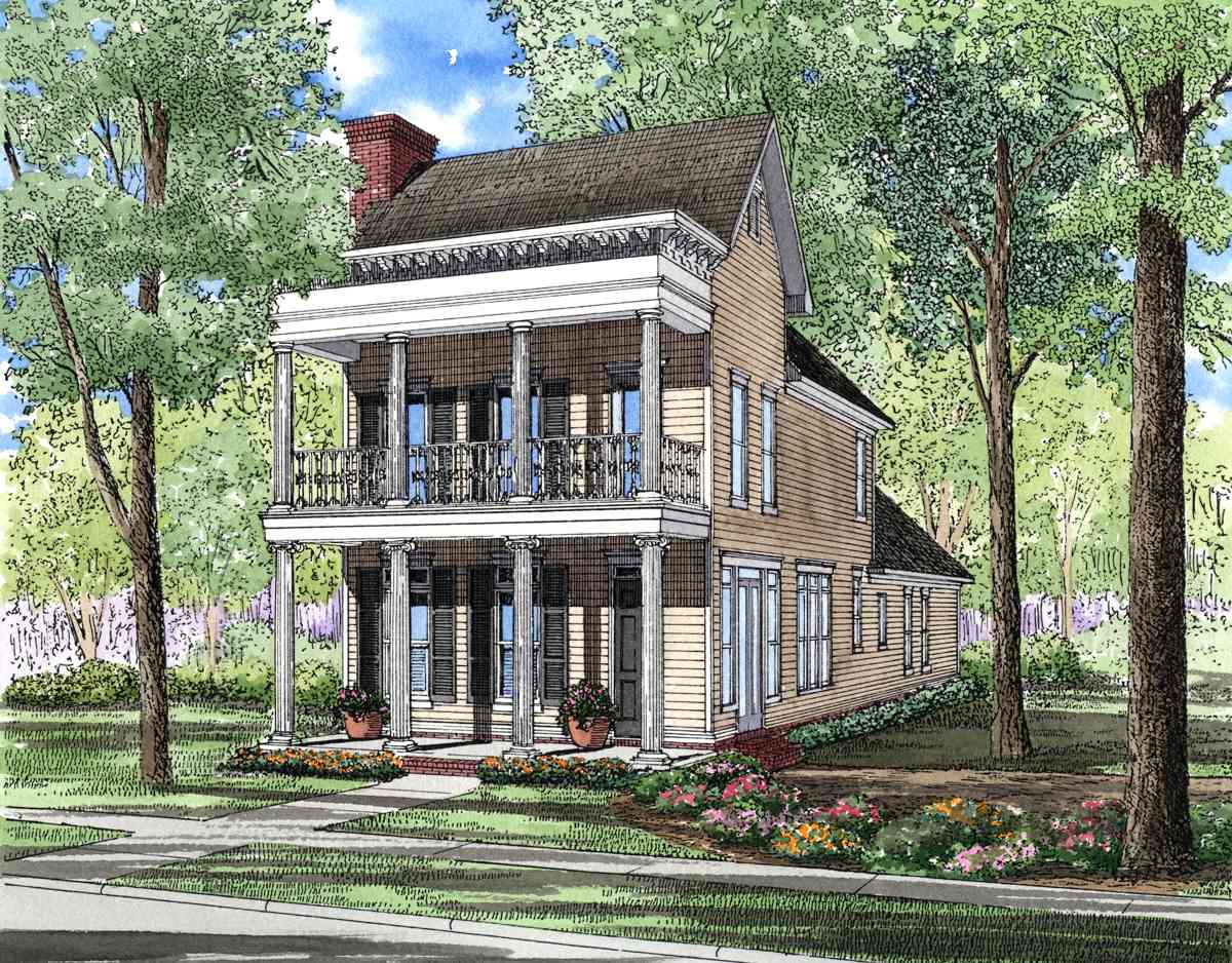 House plan exterior of a two-story home with a double-decker front porch supported by columns, decorative railing, and gabled dormers.