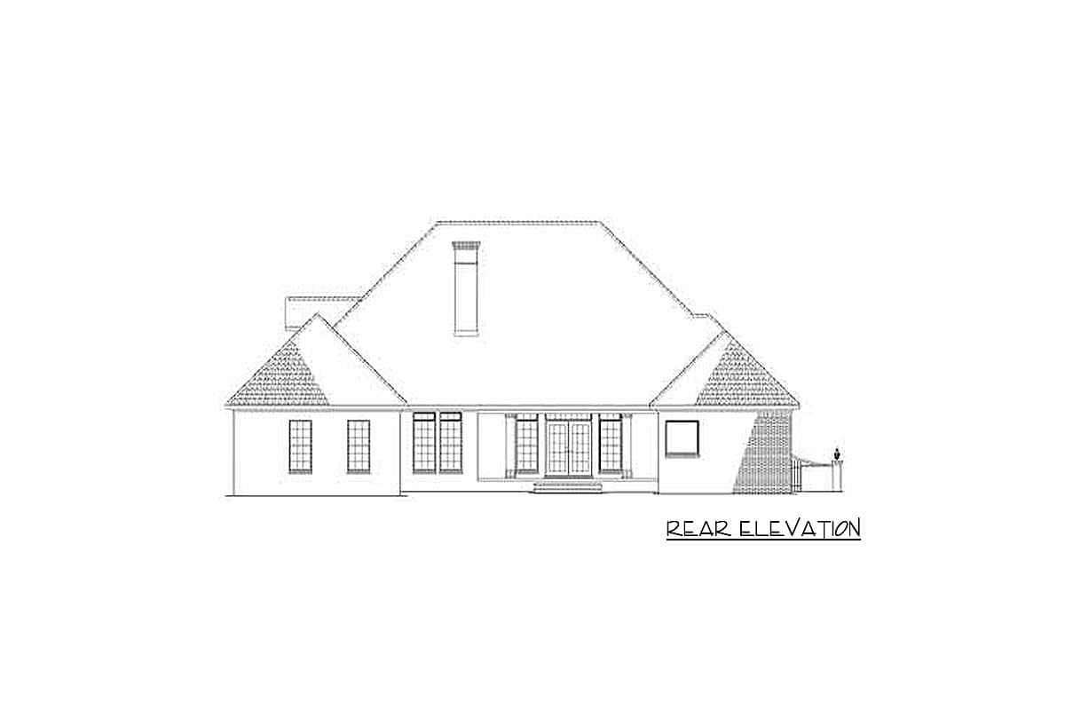 Rear elevation drawing of a house plan featuring a prominent hipped roof, dormers, and French doors.