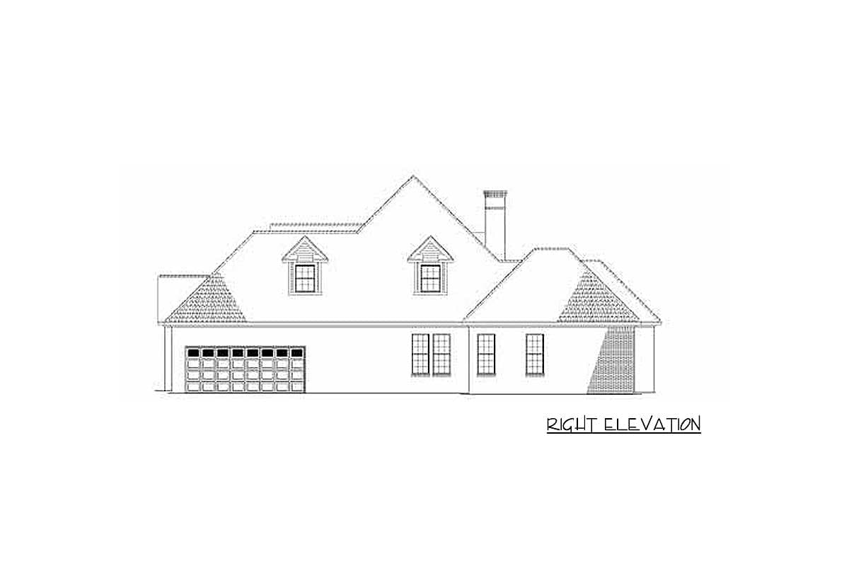 House plan right elevation showing a multi-story home with a two-car garage, dormer windows, and a gabled roof.