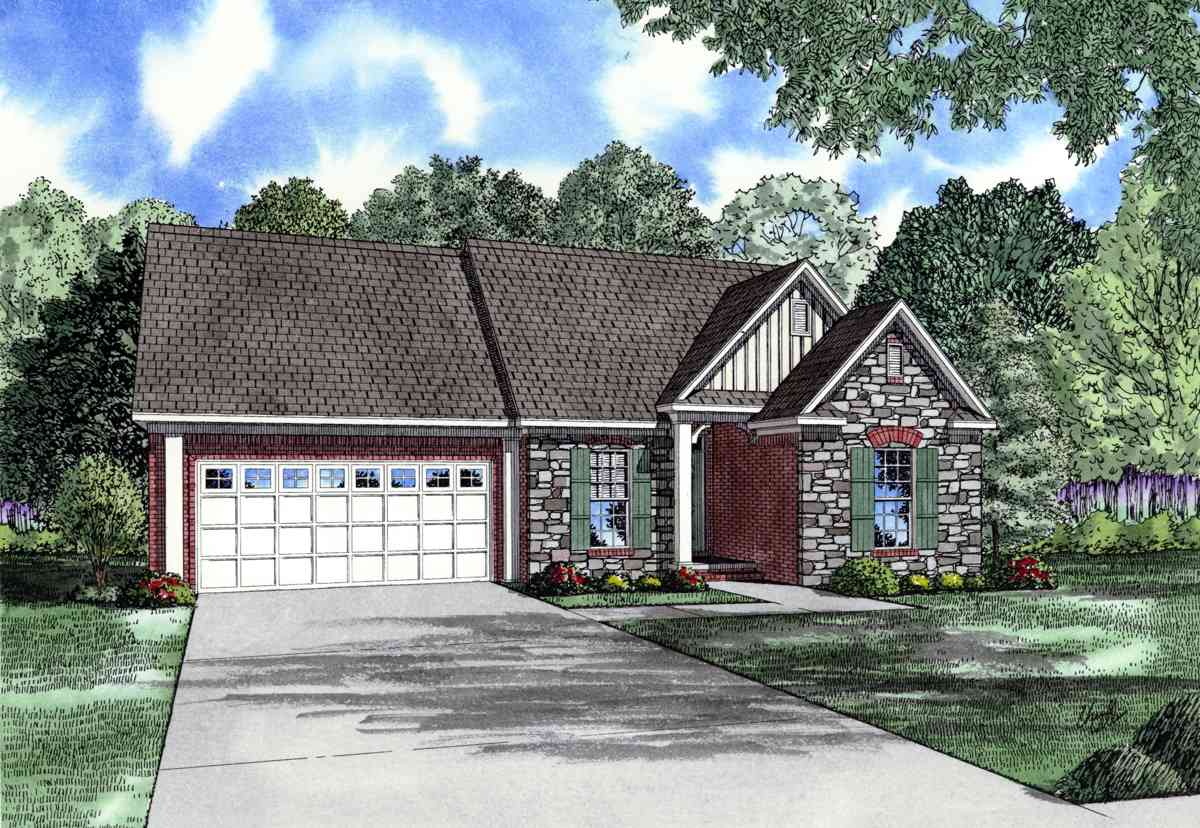 House plan exterior: One-story home with attached garage, stone and brick facade, gable dormer, and covered entry.