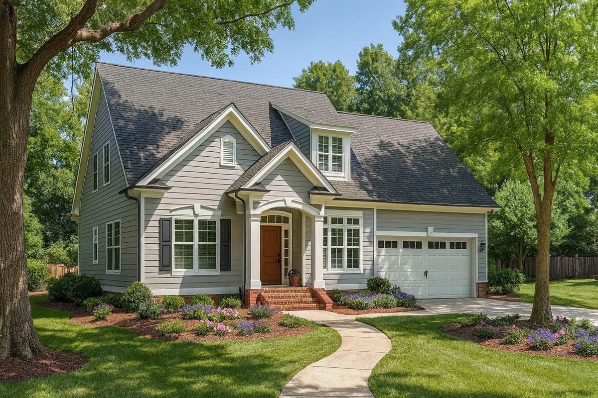 House plan exterior: Traditional style, two stories, with a prominent gabled entrance, dormer windows, and attached two-car garage.